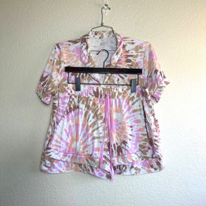 Lands Ends Comfort Knit Pajama Set Top Shorts Pink Tie Dye Size Large